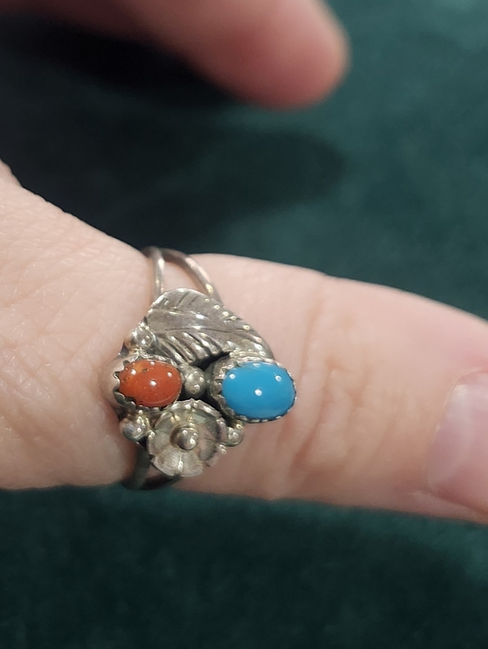 Sterling Silver Two-Stone Floral Ring Squah Blossom Style W Turquoise and Coral
